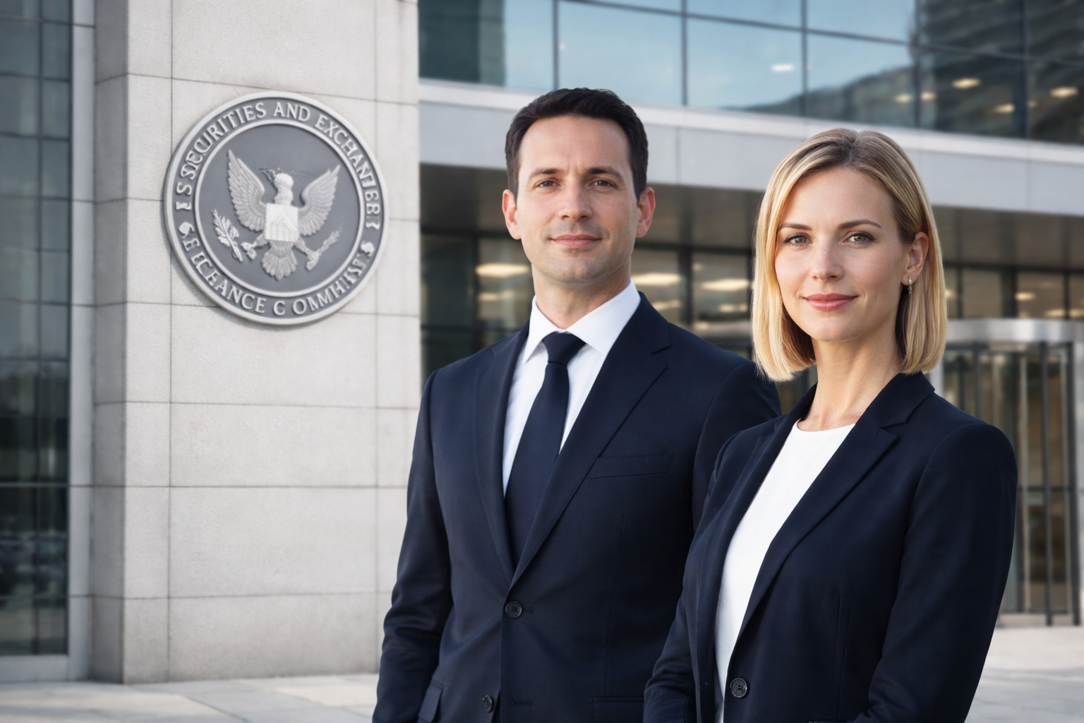 Professional team in front of a U.S. financial regulatory building, representing institutional governance and regulatory environment